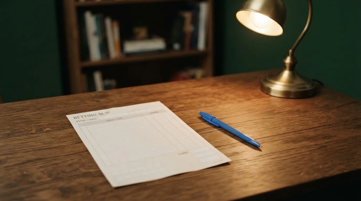Ein leerer Wettschein aus Papier und ein Kugelschreiber liegen auf einer Tischplatte neben einer kleinen Tischlampe.