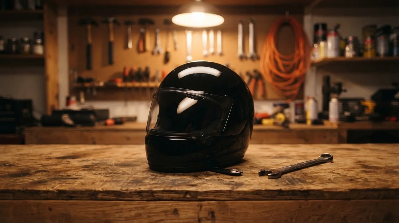 Ein schwarzer Motorradhelm ohne Aufdruck liegt auf einer Werkbank neben einem Schraubenschlüssel, warmes Licht einer Werkstatt.