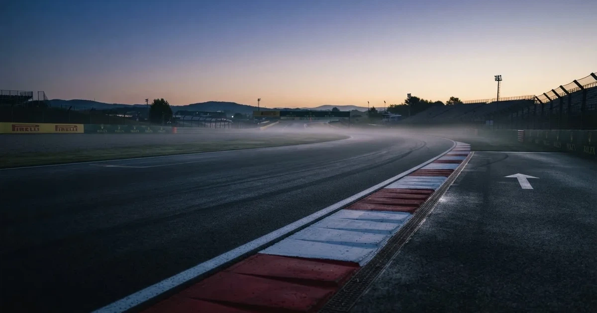 Eine leere Rennstrecke mit rot-weißen Randsteinen im frühen Morgenlicht, auf dem Asphalt liegt dünner Nebel, keine Fahrzeuge.