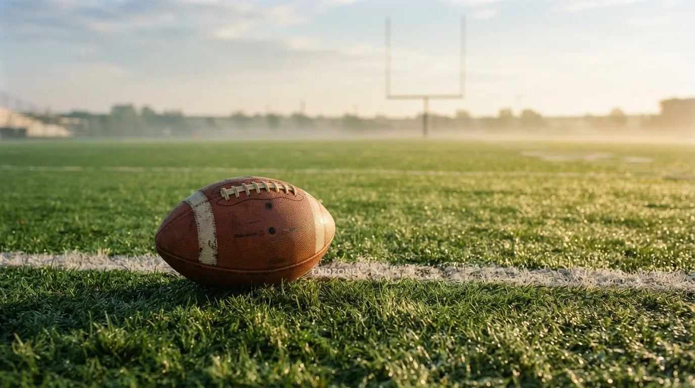 Ein ovaler Lederball mit heller Schnürung liegt auf dem Rasen vor der Endzone, Tau auf dem Gras im ersten Morgenlicht.