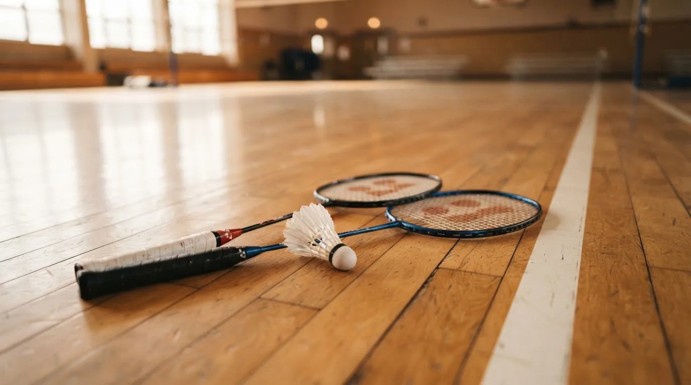 Zwei Badmintonschläger und ein Federball liegen auf einem Holzboden neben der Seitenlinie, weiches Licht fällt von der Seite ein.