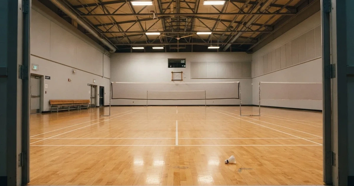 Eine leere Badmintonhalle mit gespanntem Netz und hellen Hallenlichtern, ein Federball liegt auf dem Hallenboden.