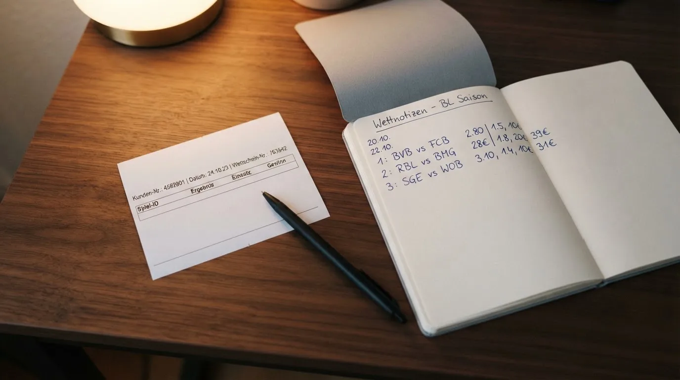 Ein leerer Papierwettschein und ein Kugelschreiber auf einer glatten Schreibtischplatte, daneben ein aufgeschlagenes Notizbuch mit handschriftlichen Notizen.