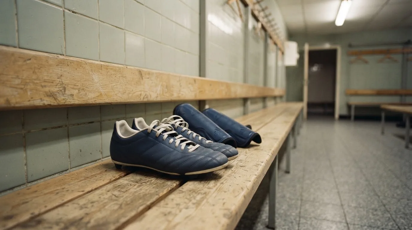 Ein Fußballschuh und ein Paar Schienbeinschoner liegen auf einer Holzbank in einer leeren Umkleidekabine.