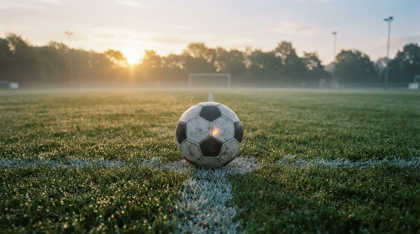 Ein Fußball liegt auf dem Anstoßpunkt eines Rasenplatzes im ersten Morgenlicht, Tau glänzt auf dem Gras.