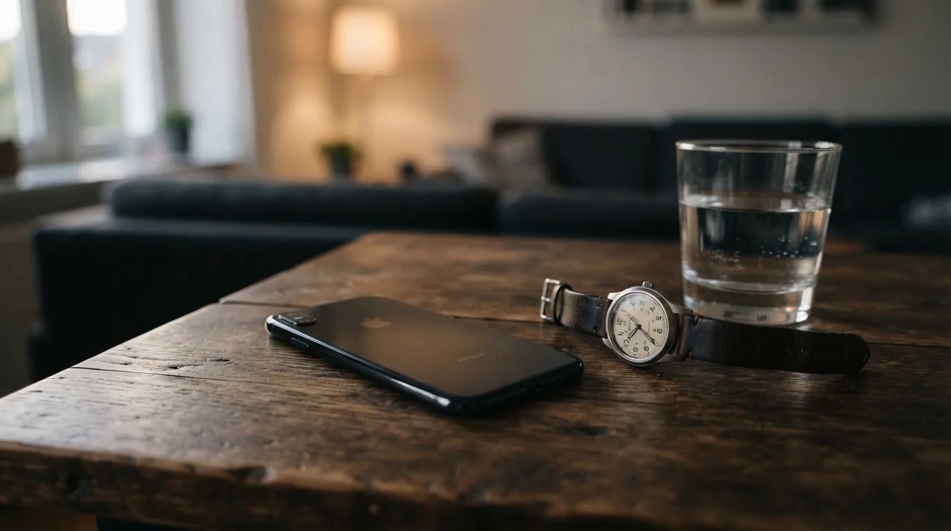 Ein umgedrehtes Smartphone und eine Armbanduhr liegen auf einem Holztisch neben einem Glas Wasser in ruhiger Abendstimmung.