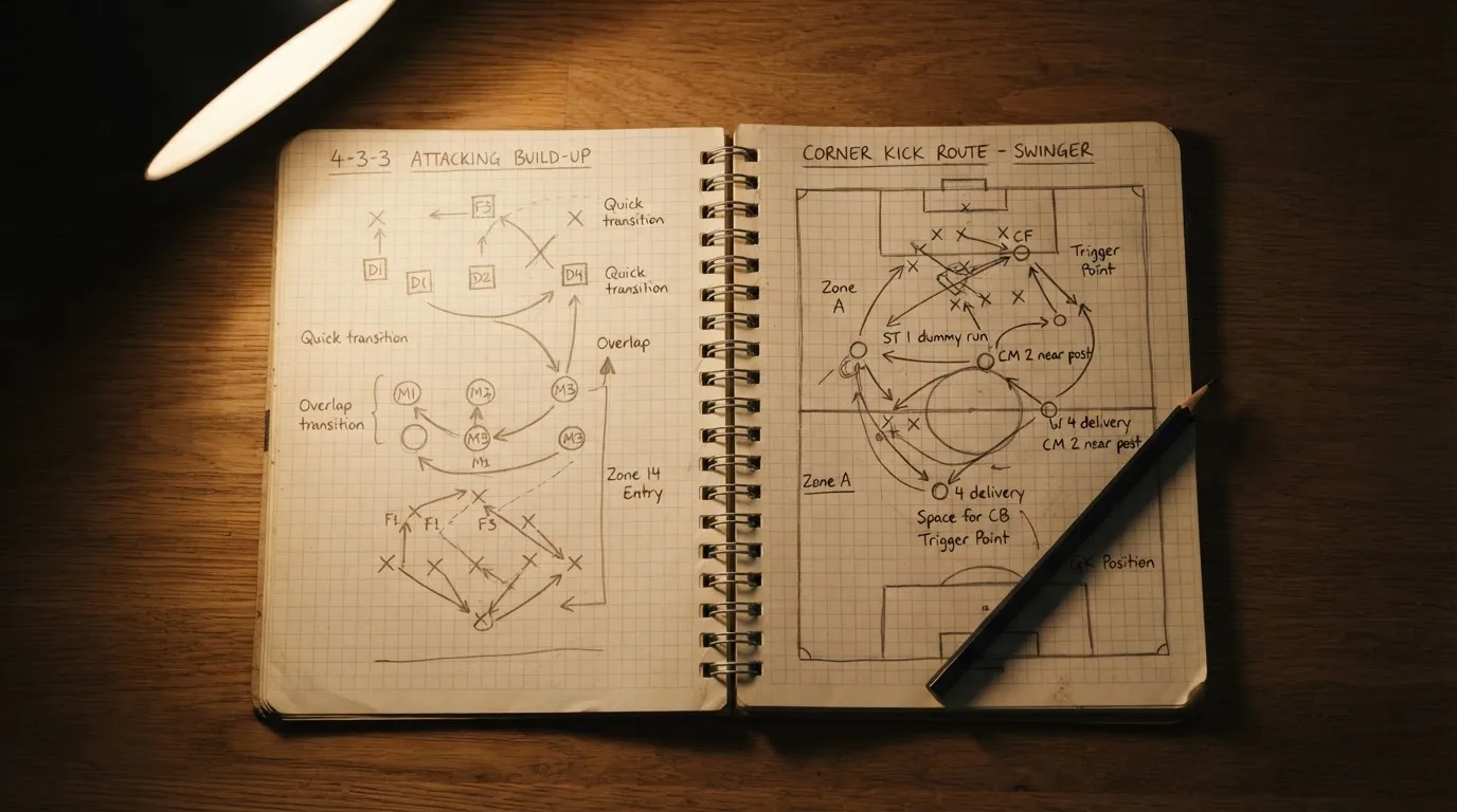 Ein Notizbuch mit handgezeichneten Spielzug-Skizzen aus Kreuzen, Kreisen und Pfeilen liegt neben einem Bleistift auf einem Tisch.