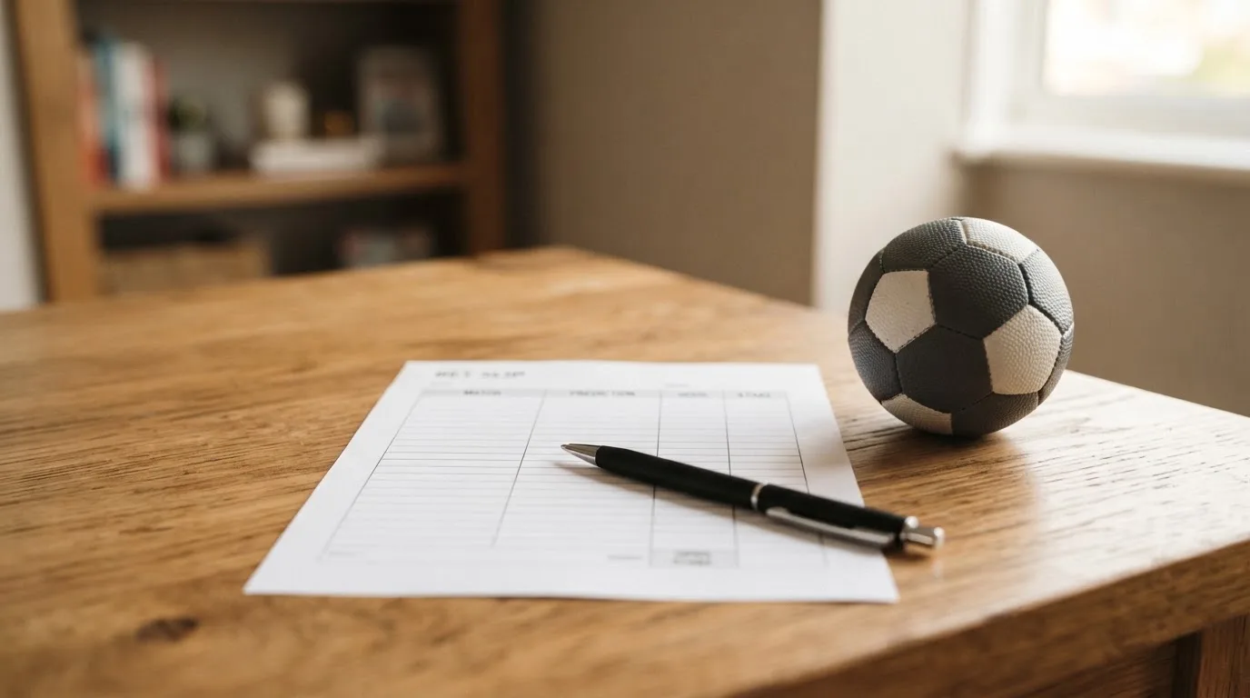 Ein blanker Papier-Wettschein und ein Kugelschreiber liegen neben einem kleinen Fußball auf einem Tisch.